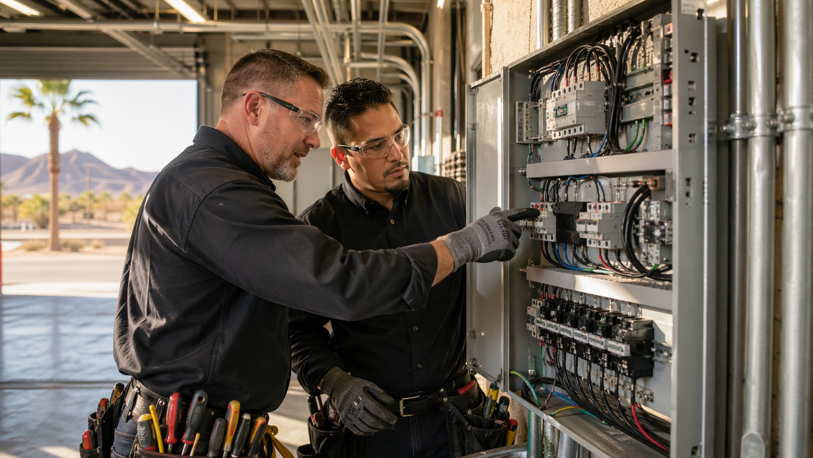 Electricians reviewing a commercial electrical control panel